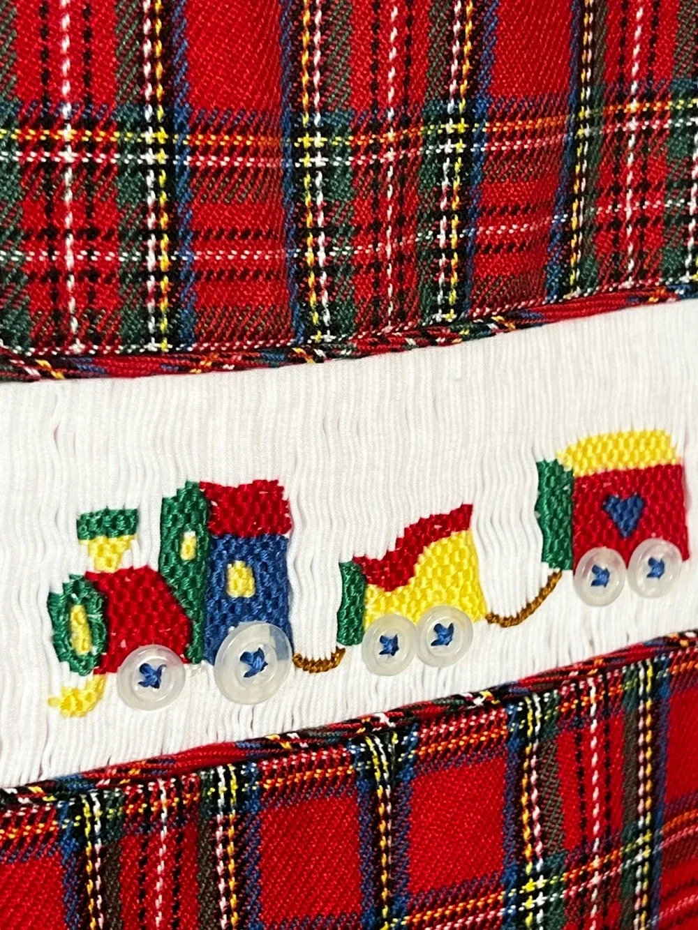 Vintage Classic Red Tarten Plaid Smocked Kids Romper with Train Embroidery